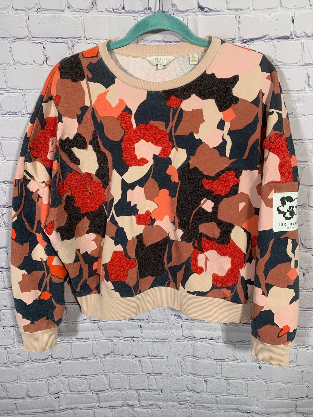 Ted Baker London Kcylie Sweatshirt Floral Retro Flood Print Textured Pink Size M